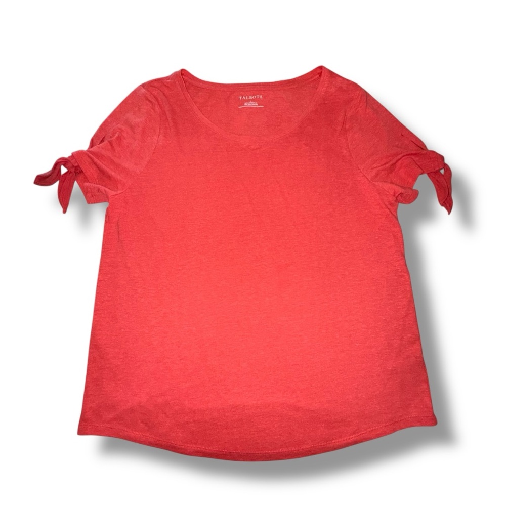 TALBOTS TIE SLEEVE TEE - SOLID Coral Large - Picture 4 of 9